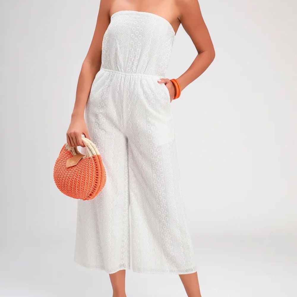 Lulus Sunlight Special White Embroidered Jumpsuit Medium